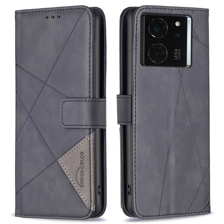 BINFEN COLOR For Xiaomi 14T Phone Cases Wallet Stand Geometry Imprinted Leather Cover - Black