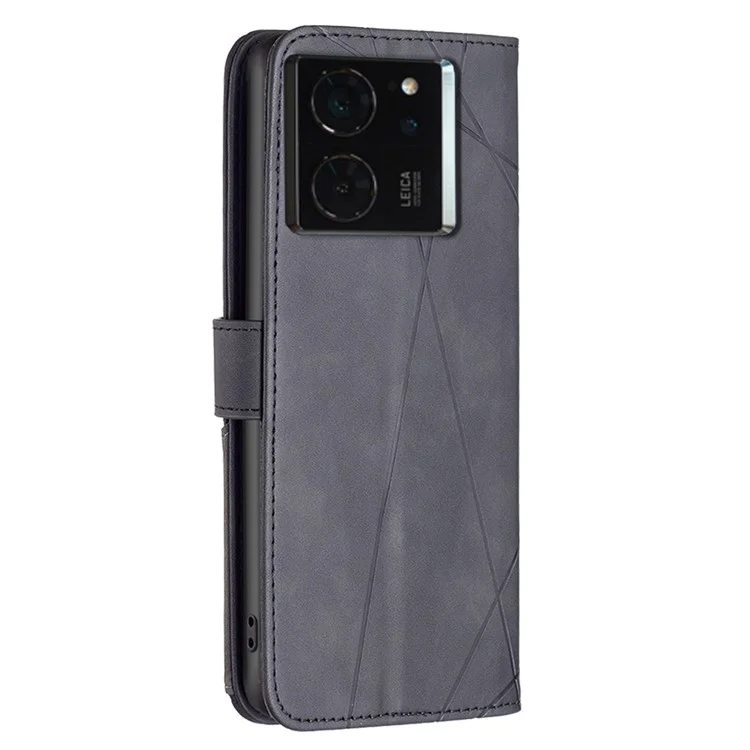 BINFEN COLOR For Xiaomi 14T Phone Cases Wallet Stand Geometry Imprinted Leather Cover - Black