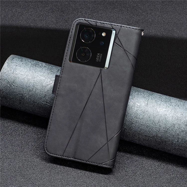 BINFEN COLOR For Xiaomi 14T Phone Cases Wallet Stand Geometry Imprinted Leather Cover - Black