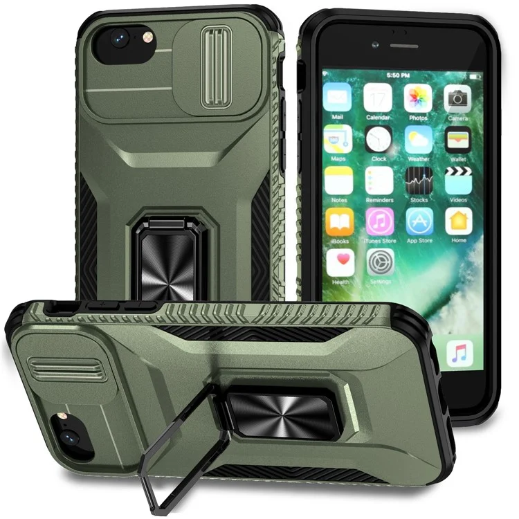 For iPhone SE (2022) / SE (2020) / 8 / 7 / 6s / 6 Case Camshield Kickstand TPU+PC Anti-Slip Phone Cover - Green