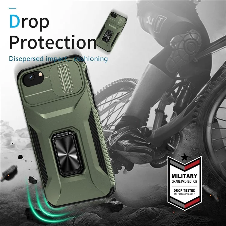 For iPhone SE (2022) / SE (2020) / 8 / 7 / 6s / 6 Case Camshield Kickstand TPU+PC Anti-Slip Phone Cover - Green