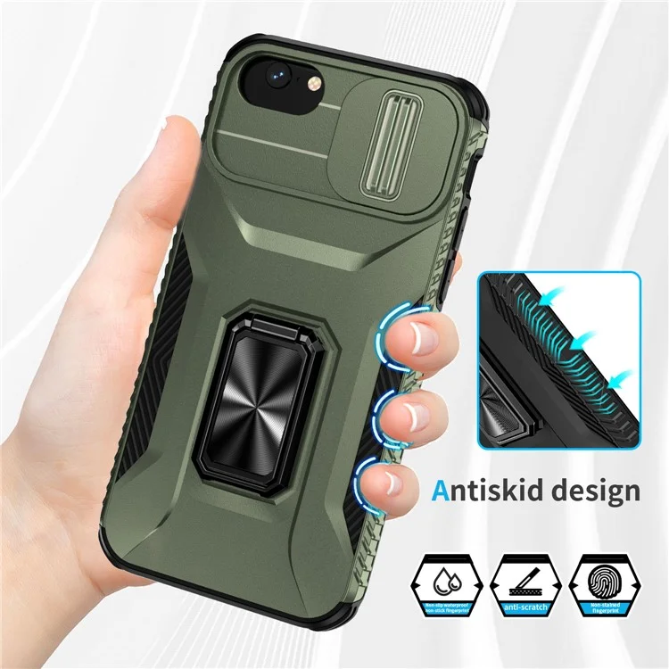 For iPhone SE (2022) / SE (2020) / 8 / 7 / 6s / 6 Case Camshield Kickstand TPU+PC Anti-Slip Phone Cover - Green