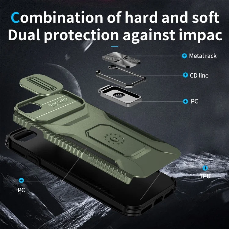 For iPhone SE (2022) / SE (2020) / 8 / 7 / 6s / 6 Case Camshield Kickstand TPU+PC Anti-Slip Phone Cover - Green
