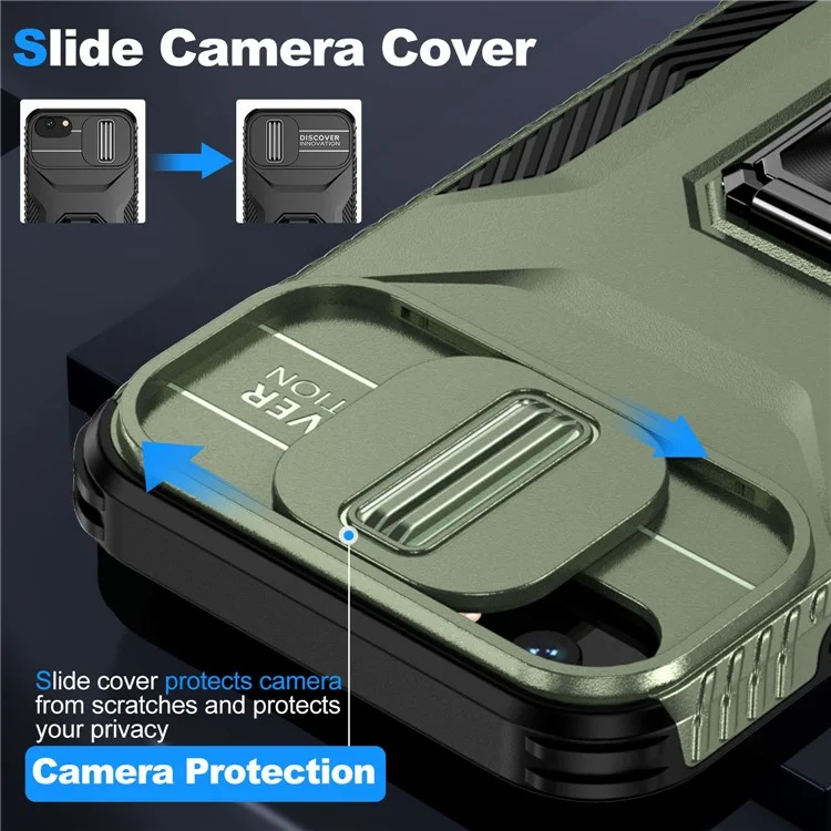For iPhone SE (2022) / SE (2020) / 8 / 7 / 6s / 6 Case Camshield Kickstand TPU+PC Anti-Slip Phone Cover - Green