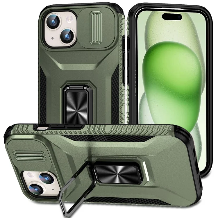 Para Iphone 15 Case Camshield Kickstand TPU+PC Cubierta de Teléfono Anti-Slip - Verde