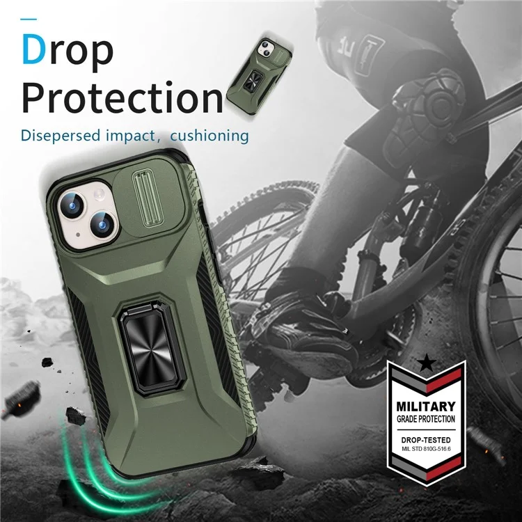 Para Iphone 15 Case Camshield Kickstand TPU+PC Cubierta de Teléfono Anti-Slip - Verde