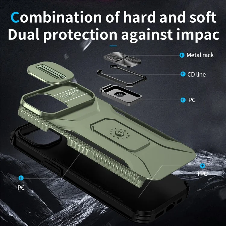 Para Iphone 15 Case Camshield Kickstand TPU+PC Cubierta de Teléfono Anti-Slip - Verde