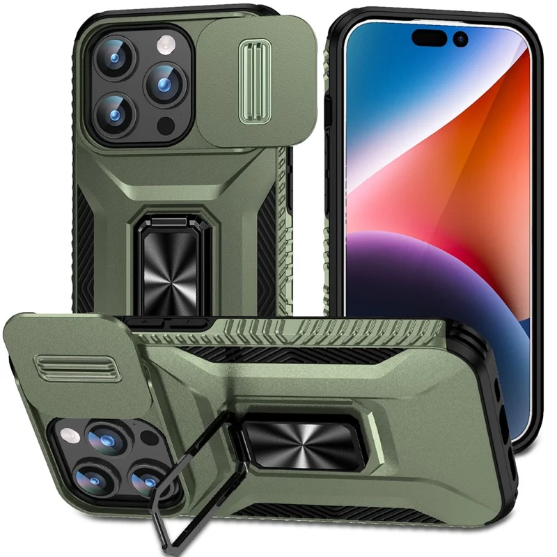 Para Iphone 15 Pro Case Camshield Kickstand TPU+PC Anti-slip Tampa - Verde