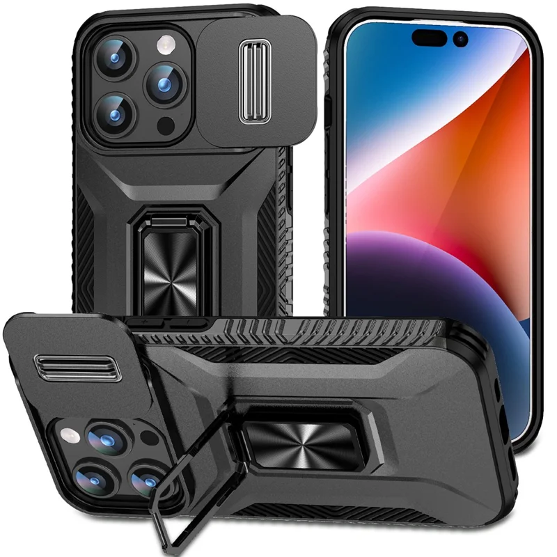 Pour Iphone 15 Pro Max Case Camshield Kickstand Tpu + pc Anti-slip Téléphone Cover - Noir