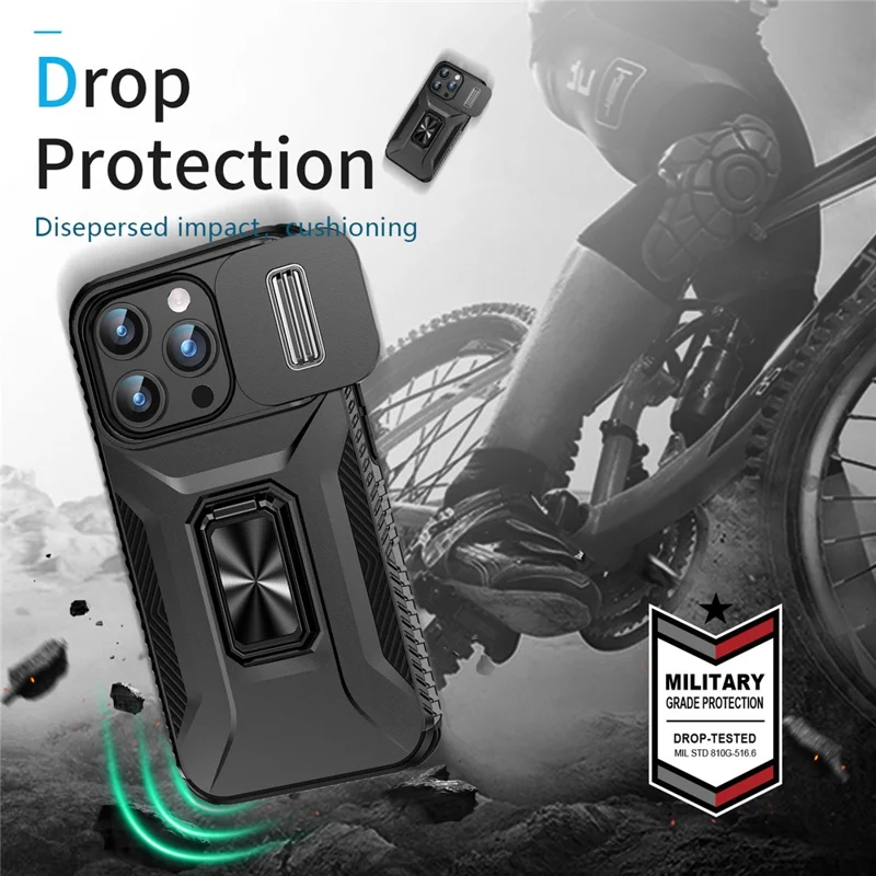 Pour Iphone 15 Pro Max Case Camshield Kickstand Tpu + pc Anti-slip Téléphone Cover - Noir