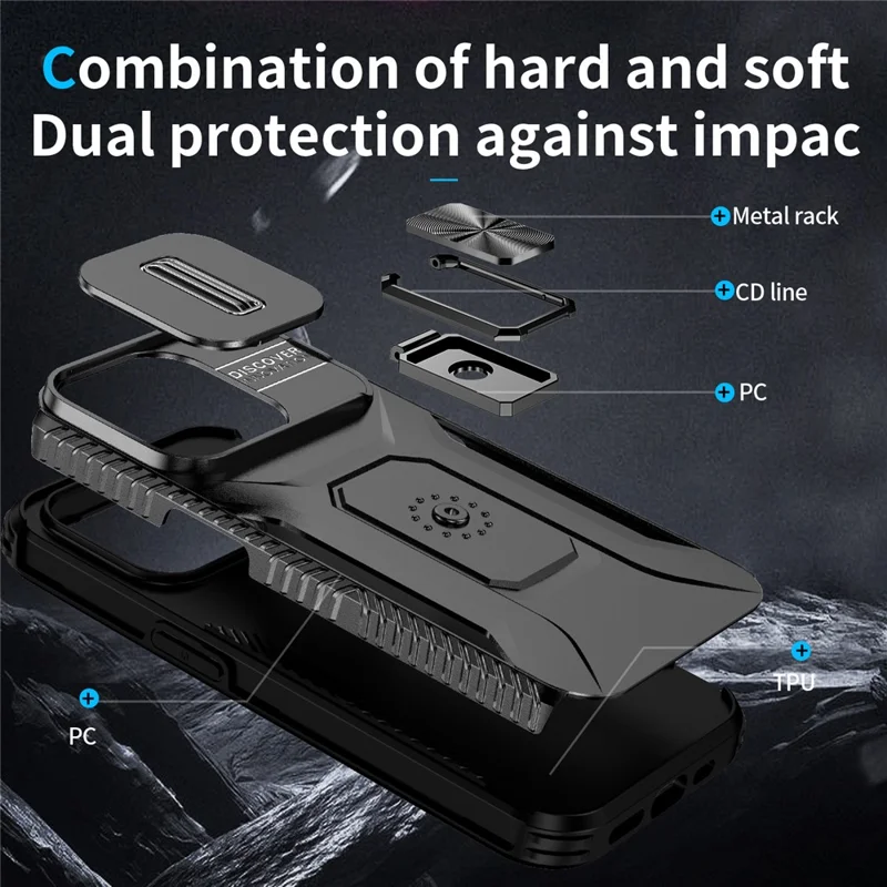 Pour Iphone 15 Pro Max Case Camshield Kickstand Tpu + pc Anti-slip Téléphone Cover - Noir