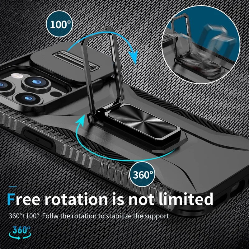 Pour Iphone 15 Pro Max Case Camshield Kickstand Tpu + pc Anti-slip Téléphone Cover - Noir