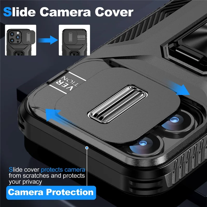 Pour Iphone 15 Pro Max Case Camshield Kickstand Tpu + pc Anti-slip Téléphone Cover - Noir