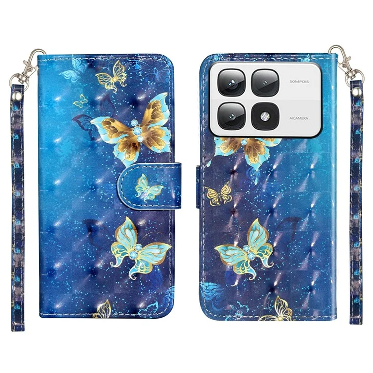 For Xiaomi 14T Pro Case 3D Pattern Printed Phone Leather Phone Cover - Blue Gold Butterflies