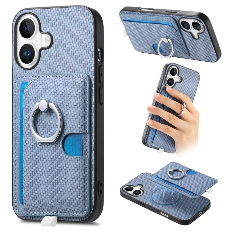 Para Iphone 16 Caso Ring Kickstand Leather Back Cover Com Porta -cartão Destacável Magnético - Azul