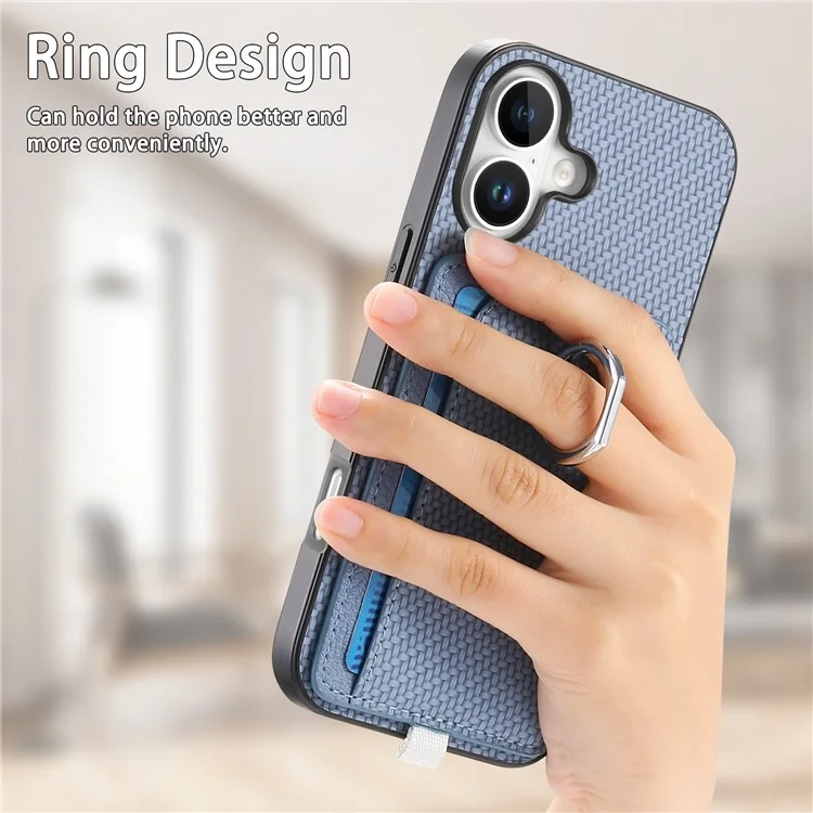 Para Iphone 16 Caso Ring Kickstand Leather Back Cover Com Porta -cartão Destacável Magnético - Azul