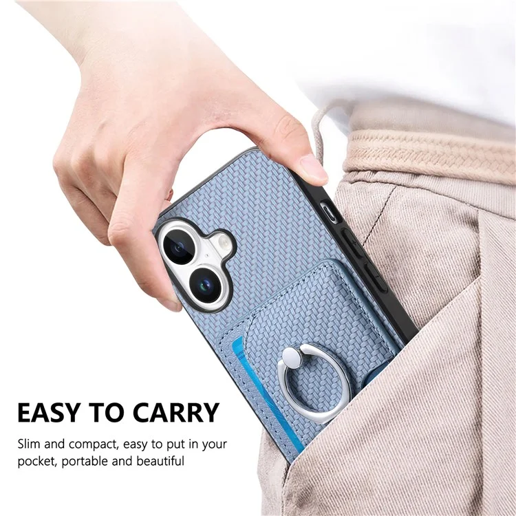 Para Iphone 16 Caso Ring Kickstand Leather Back Cover Com Porta -cartão Destacável Magnético - Azul