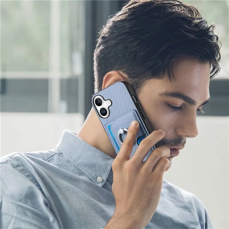 Para Iphone 16 Caso Ring Kickstand Leather Back Cover Com Porta -cartão Destacável Magnético - Azul
