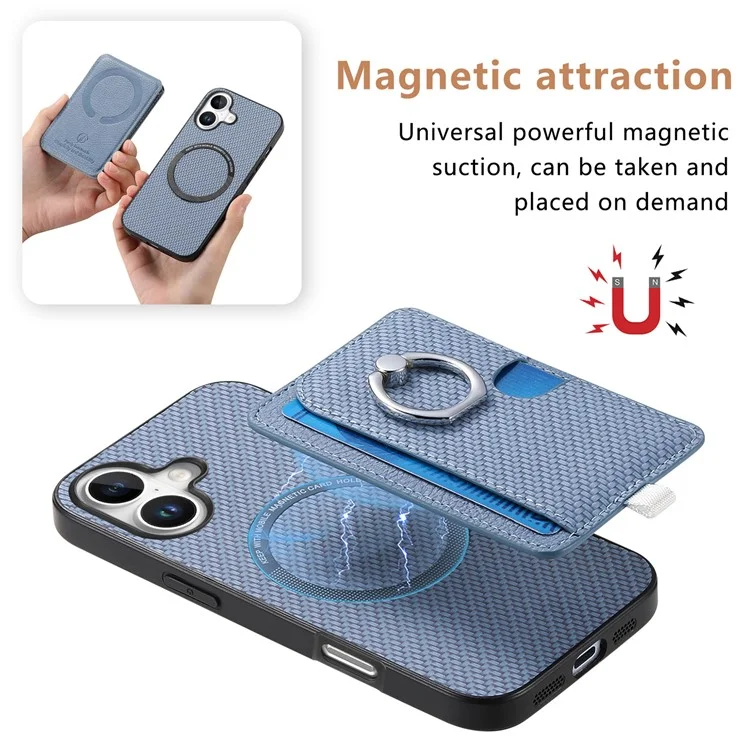 Para Iphone 16 Caso Ring Kickstand Leather Back Cover Com Porta -cartão Destacável Magnético - Azul
