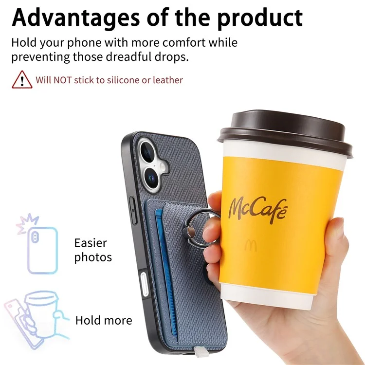 Para Iphone 16 Caso Ring Kickstand Leather Back Cover Com Porta -cartão Destacável Magnético - Azul