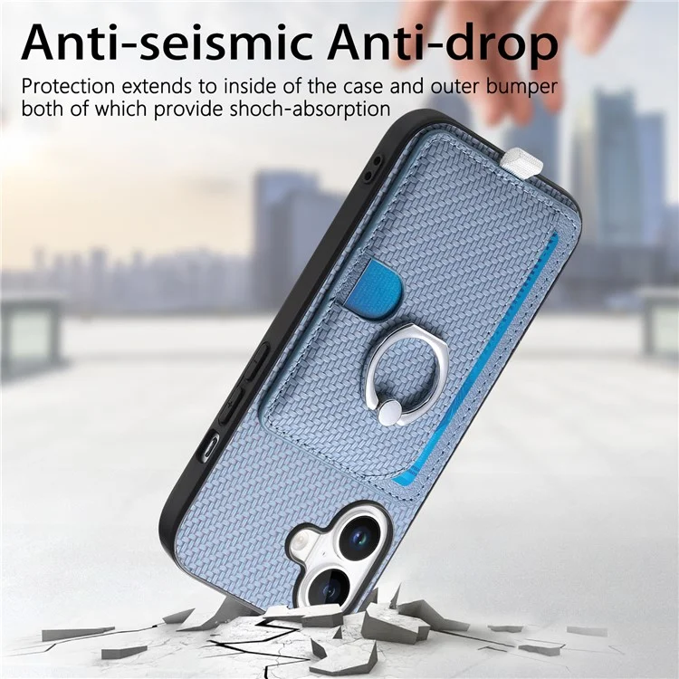 Para Iphone 16 Caso Ring Kickstand Leather Back Cover Com Porta -cartão Destacável Magnético - Azul