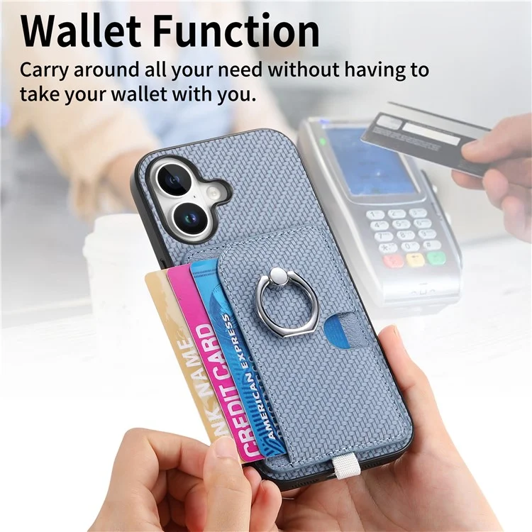 Para Iphone 16 Caso Ring Kickstand Leather Back Cover Com Porta -cartão Destacável Magnético - Azul