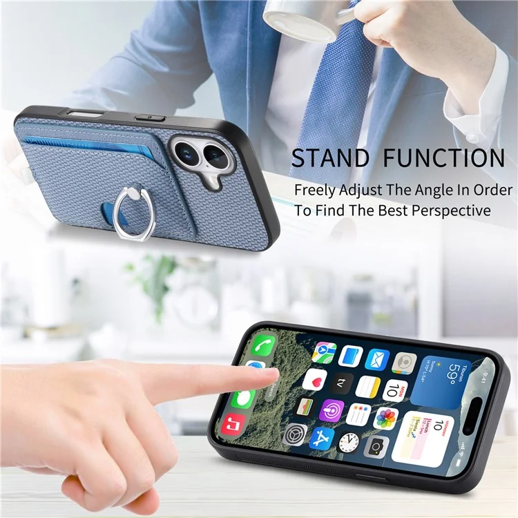 Para Iphone 16 Caso Ring Kickstand Leather Back Cover Com Porta -cartão Destacável Magnético - Azul