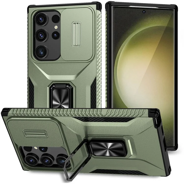 Funda para Samsung Galaxy S24 Ultra Camshield Kickstand TPU+PC Anti-Slip Phone Cover - Verde
