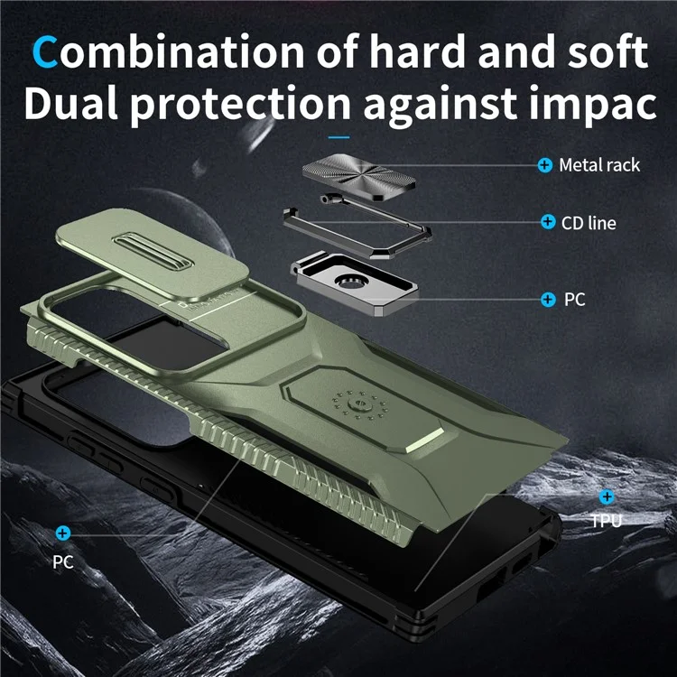 Funda para Samsung Galaxy S24 Ultra Camshield Kickstand TPU+PC Anti-Slip Phone Cover - Verde