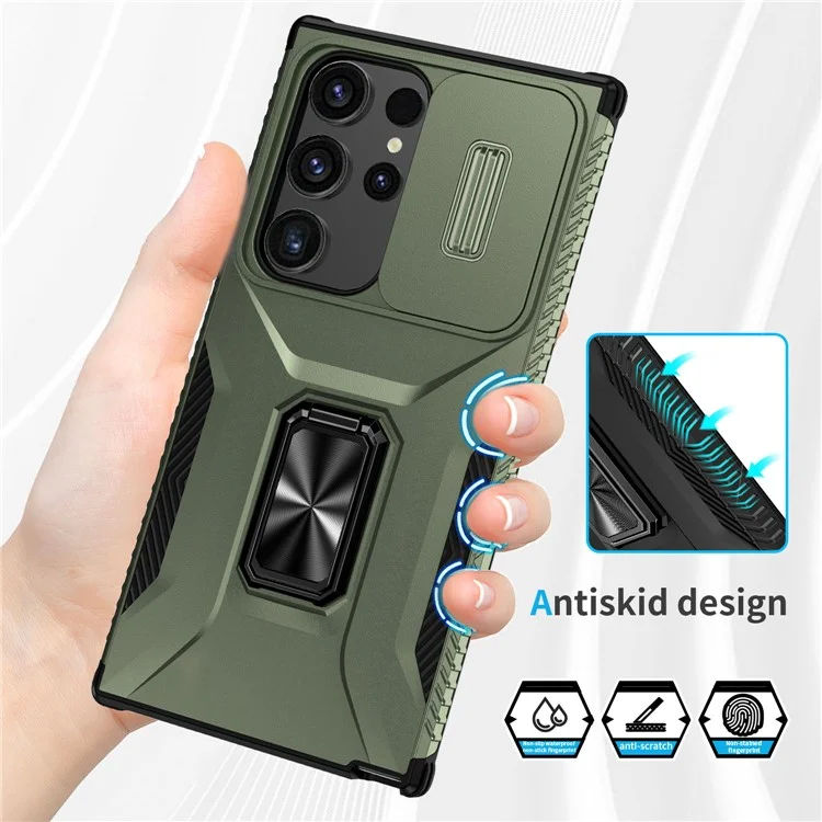 Funda para Samsung Galaxy S24 Ultra Camshield Kickstand TPU+PC Anti-Slip Phone Cover - Verde