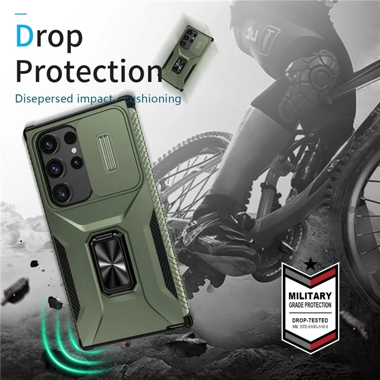 Funda para Samsung Galaxy S24 Ultra Camshield Kickstand TPU+PC Anti-Slip Phone Cover - Verde
