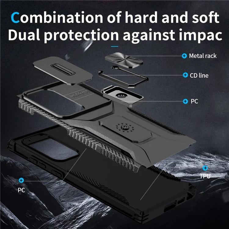 Pour Samsung Galaxy S23 Ultra Case Camshield Kickstand TPU+PC Anti-Slip Phone Cover - Noir