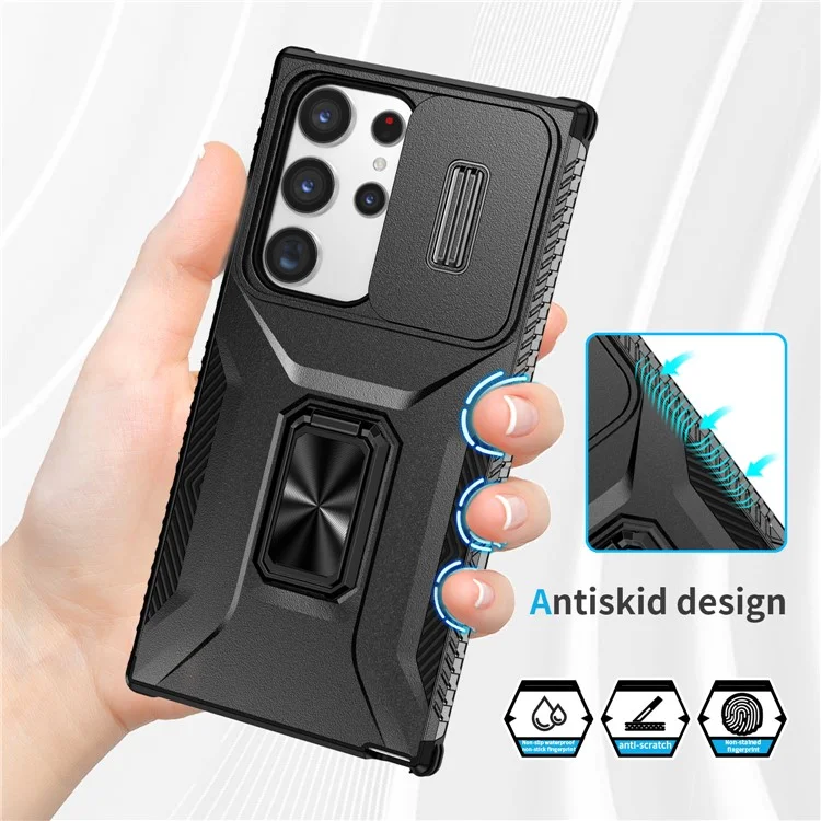 Pour Samsung Galaxy S23 Ultra Case Camshield Kickstand TPU+PC Anti-Slip Phone Cover - Noir