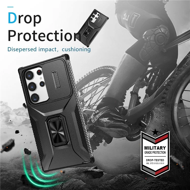 Pour Samsung Galaxy S23 Ultra Case Camshield Kickstand TPU+PC Anti-Slip Phone Cover - Noir