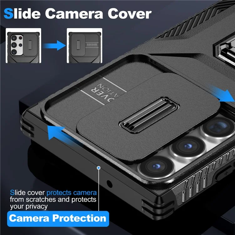 Pour Samsung Galaxy S23 Ultra Case Camshield Kickstand TPU+PC Anti-Slip Phone Cover - Noir