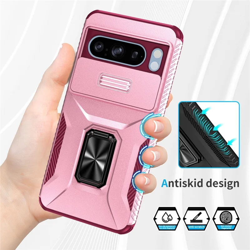 For Google Pixel 8 Pro Case Camshield Kickstand TPU+PC Anti-Slip Phone Cover -  Pink+Wine Red