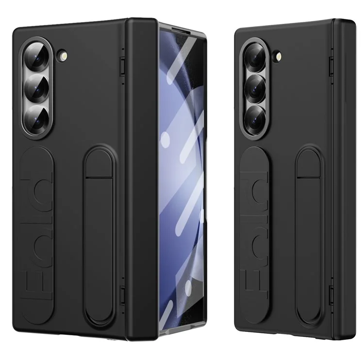 For Samsung Galaxy Z Fold5 5G Case Kickstand Wristband PC Phone Cover with Tempered Glass Film - Black