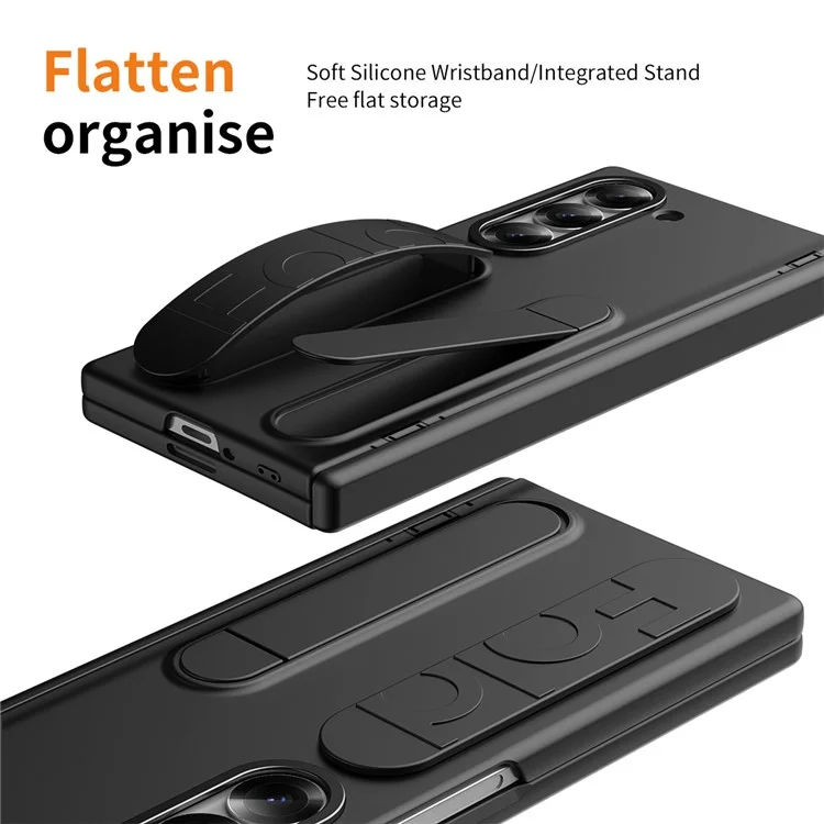 For Samsung Galaxy Z Fold5 5G Case Kickstand Wristband PC Phone Cover with Tempered Glass Film - Black