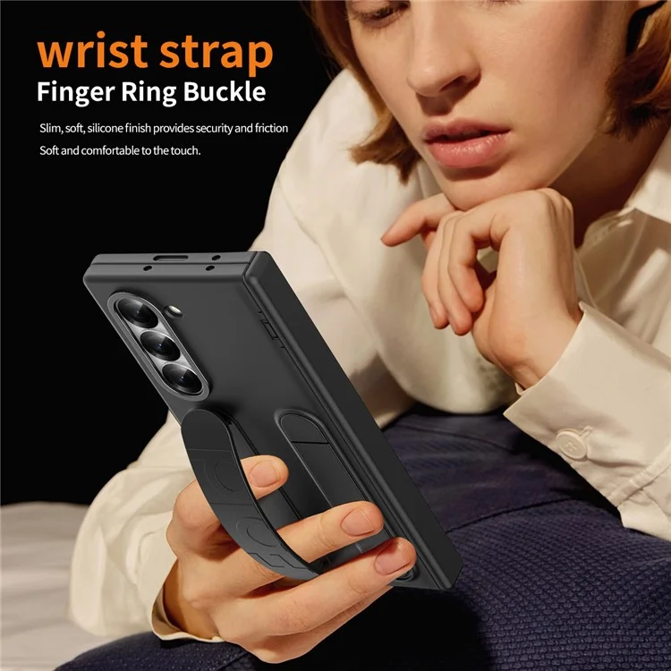 For Samsung Galaxy Z Fold5 5G Case Kickstand Wristband PC Phone Cover with Tempered Glass Film - Black