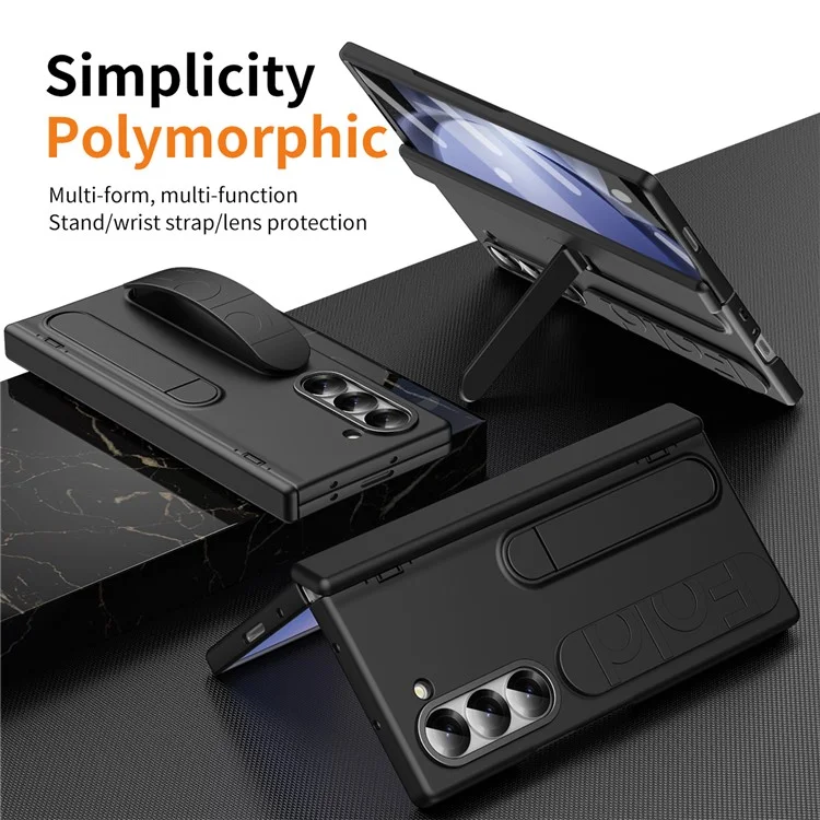 For Samsung Galaxy Z Fold5 5G Case Kickstand Wristband PC Phone Cover with Tempered Glass Film - Black