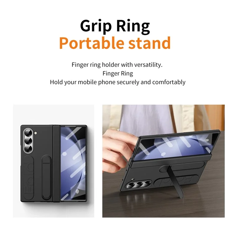 For Samsung Galaxy Z Fold5 5G Case Kickstand Wristband PC Phone Cover with Tempered Glass Film - Black