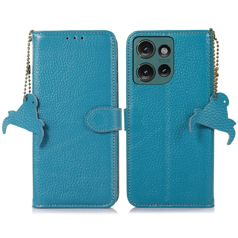 Per Motorola Edge 50 5G Case RFID Blocco Della Consistenza Del Litchi Coperchio di Pelle di Mucca Autentica - Blu