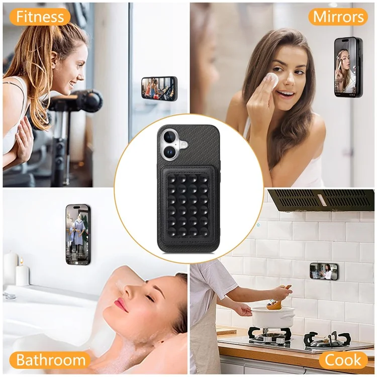 For iPhone 16 Case Carbon Fiber Texture Leather Back Cover with Magnetic Detachable Suction Cup - Black