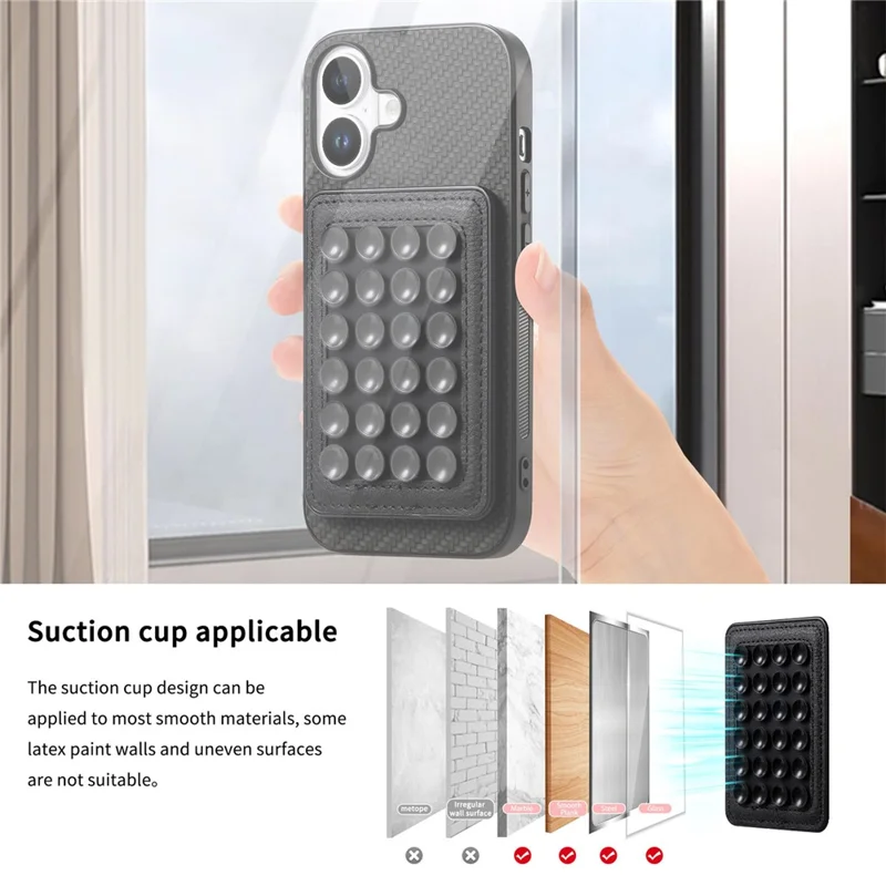 For iPhone 16 Case Carbon Fiber Texture Leather Back Cover with Magnetic Detachable Suction Cup - Black
