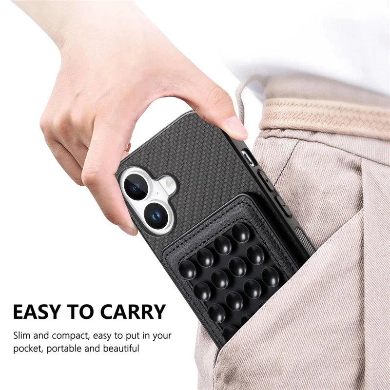 For iPhone 16 Case Carbon Fiber Texture Leather Back Cover with Magnetic Detachable Suction Cup - Black