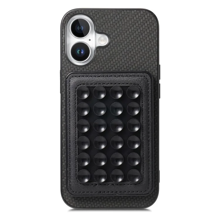 For iPhone 16 Case Carbon Fiber Texture Leather Back Cover with Magnetic Detachable Suction Cup - Black