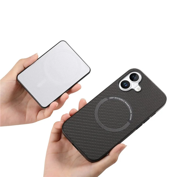 For iPhone 16 Case Carbon Fiber Texture Leather Back Cover with Magnetic Detachable Suction Cup - Black