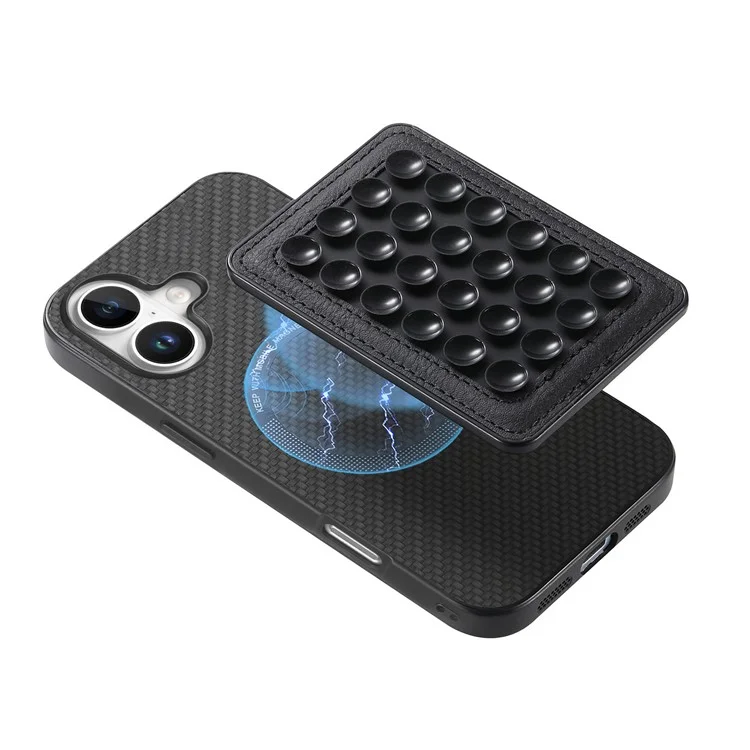 For iPhone 16 Case Carbon Fiber Texture Leather Back Cover with Magnetic Detachable Suction Cup - Black