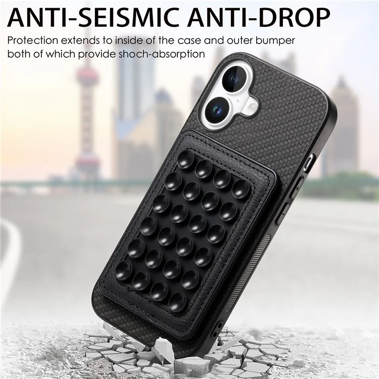 For iPhone 16 Case Carbon Fiber Texture Leather Back Cover with Magnetic Detachable Suction Cup - Black