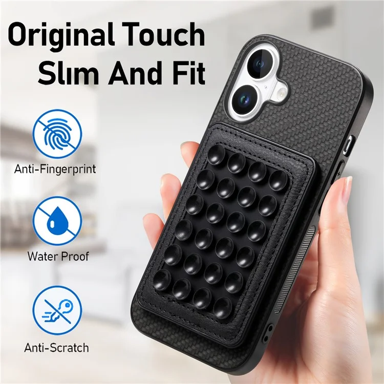 For iPhone 16 Case Carbon Fiber Texture Leather Back Cover with Magnetic Detachable Suction Cup - Black